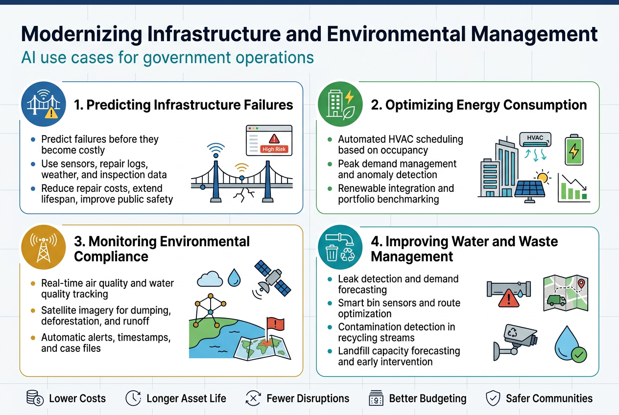 Create a full-bleed professional infographic in aspect ratio 3:2 with a modern government-tech style, clean white background, navy blue, teal, green, and amber accent colors, subtle grid lines, crisp sans-serif fonts, and strong visual hierarchy.
Top header across the full width:
Bold title in large dark navy text: "Modernizing Infrastructure and Environmental Management"
Smaller subtitle beneath in teal: "AI use cases for government operations"
Below the header, arrange four wide horizontal content blocks in a 2x2 grid, each with a colored icon circle, a bold section title, short bullet points, and a simple supporting illustration. Use clear spacing and aligned columns.
Block 1, upper left:
Title: "1. Predicting Infrastructure Failures"
Icon: blue bridge icon with sensor waves and a warning triangle
Include 3 short bullets:
"Predict failures before they become costly"
"Use sensors, repair logs, weather, and inspection data"
"Reduce repair costs, extend lifespan, improve public safety"
Add a small visual of a bridge with sensor dots, crack lines, and a dashboard alert showing "High Risk"
Block 2, upper right:
Title: "2. Optimizing Energy Consumption"
Icon: green building with a lightning bolt and leaf
Include 3 short bullets:
"Automated HVAC scheduling based on occupancy"
"Peak demand management and anomaly detection"
"Renewable integration and portfolio benchmarking"
Add a small visual of office buildings, HVAC airflow arrows, solar panels, and a battery icon with a downward energy chart
Block 3, lower left:
Title: "3. Monitoring Environmental Compliance"
Icon: amber air sensor tower with cloud, water droplet, and satellite
Include 3 short bullets:
"Real-time air quality and water quality tracking"
"Satellite imagery for dumping, deforestation, and runoff"
"Automatic alerts, timestamps, and case files"
Add a small visual of a sensor network, a satellite over land and water, and a flagged pollution spike on a map
Block 4, lower right:
Title: "4. Improving Water and Waste Management"
Icon: teal water pipe, trash bin, and recycling symbol
Include 4 short bullets:
"Leak detection and demand forecasting"
"Smart bin sensors and route optimization"
"Contamination detection in recycling streams"
"Landfill capacity forecasting and early intervention"
Add a small visual of a pipe with a leak alert, a waste truck route map, a recycling sorting camera, and a water drop with a checkmark
Add a slim center band or small footer row spanning the width with five benefit icons and labels in a single line:
"Lower Costs" "Longer Asset Life" "Fewer Disruptions" "Better Budgeting" "Safer Communities"
Use thin dividing lines, consistent icon style, rounded rectangles for each block, and a balanced landscape composition. Keep all text legible, concise, and visually organized. No people, no photo realism, no clutter.