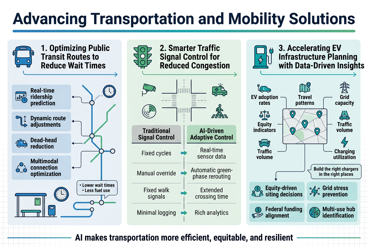 Aspect ratio 3:2, full-bleed professional infographic in a clean modern government-tech style, wide horizontal layout with no frame or inset margins. Bold top header centered across the full width: "Advancing Transportation and Mobility Solutions" in dark navy sans-serif, with a subtle blue-green gradient accent line beneath it.
Use three large side-by-side content panels across the page, each with a distinct icon and color theme, with small supporting data-style callouts, arrows, and thin connector lines. White background with light gray grid texture, navy text, teal, blue, and green accents.
LEFT PANEL: "1. Optimizing Public Transit Routes to Reduce Wait Times" with a blue bus icon and a transit map line graphic. Include four stacked bullet blocks with small icons:
- "Real-time ridership prediction"
- "Dynamic route adjustments"
- "Dead-head reduction"
- "Multimodal connection optimization"
Add a small visual of a bus stop, a clock, route lines, and transfer nodes. Include a small callout badge: "Lower wait times • Less fuel use"
CENTER PANEL: "2. Smarter Traffic Signal Control for Reduced Congestion" with a green traffic light icon and an intersection diagram. Include a simple comparison strip with two labeled columns:
"Traditional Signal Control" on the left and "AI-Driven Adaptive Control" on the right, with concise paired labels beneath:
"Fixed cycles" / "Real-time sensor data"
"Manual override" / "Automatic green-phase rerouting"
"Fixed walk signals" / "Extended crossing time"
"Minimal logging" / "Rich analytics"
Add small icons for camera, radar, emergency vehicle, and pedestrian crossing. Include a small badge: "10%–25% congestion reduction"
RIGHT PANEL: "3. Accelerating EV Infrastructure Planning with Data-Driven Insights" with a teal EV charging station icon and a map pin network graphic. Show six compact icon-and-label data inputs around a central map:
"EV adoption rates"
"Travel patterns"
"Grid capacity"
"Equity indicators"
"Traffic volume"
"Charging utilization"
Below, add four benefit blocks with icons:
"Equity-driven siting decisions"
"Grid stress prevention"
"Federal funding alignment"
"Multi-use hub identification"
Include a small callout badge: "Build the right chargers in the right places"
At the bottom, add a thin horizontal footer ribbon with the concluding line in smaller bold text: "AI makes transportation more efficient, equitable, and resilient"
Use clear visual hierarchy, bold section numbers, crisp icons, balanced spacing, and strong readability. No people, no photo realism, no 3D rendering, no clutter.