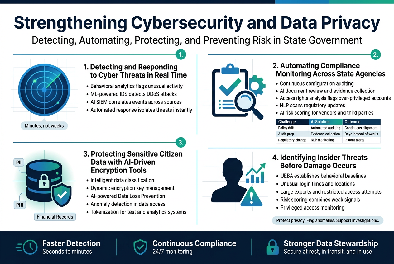 Create a full-bleed professional infographic in landscape aspect ratio 3:2 with a modern clean corporate style, dark navy and teal color palette with blue and green accents, white background sections, subtle grid lines, and crisp sans-serif typography.
Top across the full width: bold large title text in dark navy, "Strengthening Cybersecurity and Data Privacy". Directly below it, smaller subtitle text: "Detecting, Automating, Protecting, and Preventing Risk in State Government".
Use a wide 2x2 section layout with clear numbered blocks, each block containing an icon, a short heading, and concise bullet points. Add thin divider lines and small teal number circles for each section.
Top left block:
Large blue radar shield icon.
Heading: "1. Detecting and Responding to Cyber Threats in Real Time"
Bullets:
"Behavioral analytics flags unusual activity"
"ML-powered IDS detects DDoS attacks"
"AI SIEM correlates events across sources"
"Automated response isolates threats instantly"
Small callout badge: "Minutes, not weeks"
Top right block:
Large clipboard check icon with a gear and magnifying glass.
Heading: "2. Automating Compliance Monitoring Across State Agencies"
Bullets:
"Continuous configuration auditing"
"AI document review and evidence collection"
"Access rights analysis flags over-privileged accounts"
"NLP scans regulatory updates"
"AI risk scoring for vendors and third parties"
Include a narrow mini-table graphic inside the block with three columns labeled exactly:
"Challenge" "AI Solution" "Outcome"
and three visible rows:
"Policy drift" "Automated auditing" "Continuous alignment"
"Audit prep" "Evidence collection" "Days instead of weeks"
"Regulatory change" "NLP monitoring" "Instant alerts"
Bottom left block:
Large locked database icon with shield and glow.
Heading: "3. Protecting Sensitive Citizen Data with AI-Driven Encryption Tools"
Bullets:
"Intelligent data classification"
"Dynamic encryption key management"
"AI-powered Data Loss Prevention"
"Anomaly detection in data access"
"Tokenization for test and analytics systems"
Small labels near the icon: "PII" "PHI" "Financial Records"
Bottom right block:
Large silhouette user icon with warning triangle and behavioral graph.
Heading: "4. Identifying Insider Threats Before Damage Occurs"
Bullets:
"UEBA establishes behavioral baselines"
"Unusual login times and locations"
"Large exports and restricted access attempts"
"Risk scoring combines weak signals"
"Privileged access monitoring"
Small footer note inside the block: "Protect privacy. Flag anomalies. Support investigations."
Add a wide bottom band spanning the full width with three highlighted outcome boxes separated by vertical lines and small icons:
Left box with clock icon: "Faster Detection" and smaller text "Seconds to minutes"
Middle box with shield icon: "Continuous Compliance" and smaller text "24/7 monitoring"
Right box with data lock icon: "Stronger Data Stewardship" and smaller text "Secure at rest, in transit, and in use"
Use strong visual hierarchy, large readable text, clear iconography, and balanced spacing across the full landscape canvas. No decorative border frame, no empty centered poster look, no people, no photos, no shadows-heavy 3D style.