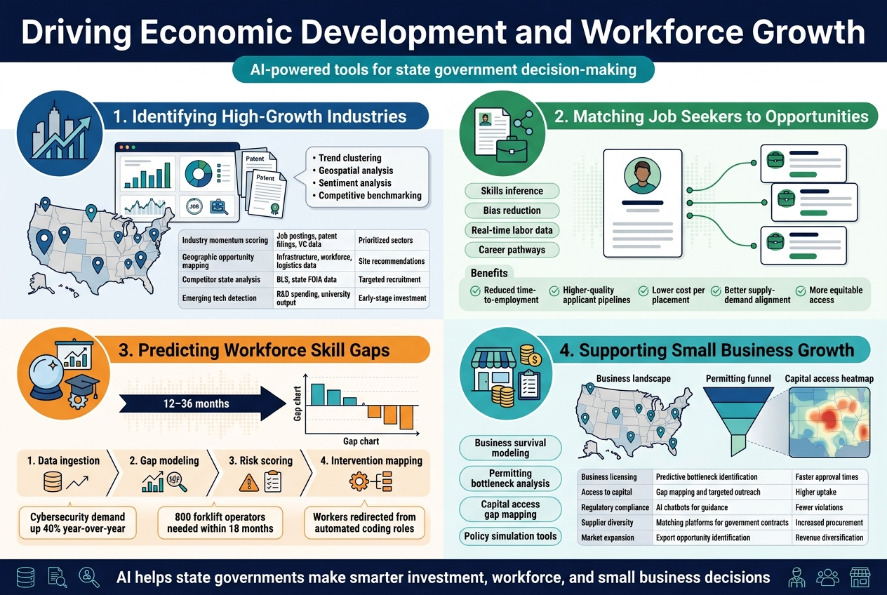 Create a full-bleed professional infographic in a 3:2 aspect ratio, wide horizontal layout, clean modern sans-serif typography, white background with deep blue, teal, green, and orange accents, subtle data-grid texture, sharp vector style, clear hierarchy, no frame, no margins, no vertical poster stack.
Top header across full width:
Large bold title in dark navy: "Driving Economic Development and Workforce Growth"
Small subtitle beneath in teal: "AI-powered tools for state government decision-making"
Below the header, divide the canvas into 4 wide horizontal sections with clear visual separation, each with a numbered badge and icon.
SECTION 1 on upper left and center: "1. Identifying High-Growth Industries"
Use a skyline + upward graph icon in a blue circle. Show a dashboard-style cluster of charts, map pins, patent papers, and job icons. Include a small labeled callout panel with 4 bullets:
"Trend clustering"
"Geospatial analysis"
"Sentiment analysis"
"Competitive benchmarking"
Add a compact 2-column mini-table inside the section with the exact text:
"Industry momentum scoring | Job postings, patent filings, VC data | Prioritized sectors"
"Geographic opportunity mapping | Infrastructure, workforce, logistics data | Site recommendations"
"Competitor state analysis | BLS, state FOIA data | Targeted recruitment"
"Emerging tech detection | R&D spending, university output | Early-stage investment"
SECTION 2 on upper right and mid-right: "2. Matching Job Seekers to Opportunities"
Use a resume + briefcase + connected nodes icon in green. Show a person profile card on the left connecting by lines to matching job cards on the right. Include 4 short capability labels in rounded chips:
"Skills inference"
"Bias reduction"
"Real-time labor data"
"Career pathways"
Add a benefits strip with 5 small check icons and these exact phrases:
"Reduced time-to-employment"
"Higher-quality applicant pipelines"
"Lower cost per placement"
"Better supply-demand alignment"
"More equitable access"
SECTION 3 across the lower left and center: "3. Predicting Workforce Skill Gaps"
Use a crystal ball / forecast chart / graduation cap + gear icon in orange. Show a timeline arrow labeled "12–36 months" leading to a gap chart. Include a 4-step numbered workflow with small icons:
"1. Data ingestion"
"2. Gap modeling"
"3. Risk scoring"
"4. Intervention mapping"
Add three small scenario callouts with exact text:
"Cybersecurity demand up 40% year-over-year"
"800 forklift operators needed within 18 months"
"Workers redirected from automated coding roles"
SECTION 4 across the lower right: "4. Supporting Small Business Growth"
Use a storefront + coins + clipboard icon in teal. Show a business landscape map with highlighted pins, a permitting funnel, and a capital access heatmap. Include 4 rounded labels:
"Business survival modeling"
"Permitting bottleneck analysis"
"Capital access gap mapping"
"Policy simulation tools"
Add a compact 2-column table with exact text:
"Business licensing | Predictive bottleneck identification | Faster approval times"
"Access to capital | Gap mapping and targeted outreach | Higher uptake"
"Regulatory compliance | AI chatbots for guidance | Fewer violations"
"Supplier diversity | Matching platforms for government contracts | Increased procurement"
"Market expansion | Export opportunity identification | Revenue diversification"
Bottom footer bar spanning full width in dark navy with white text:
"AI helps state governments make smarter investment, workforce, and small business decisions"
Include small supporting icons along the footer: a database, a magnifying glass, a workforce group, and a small business storefront.