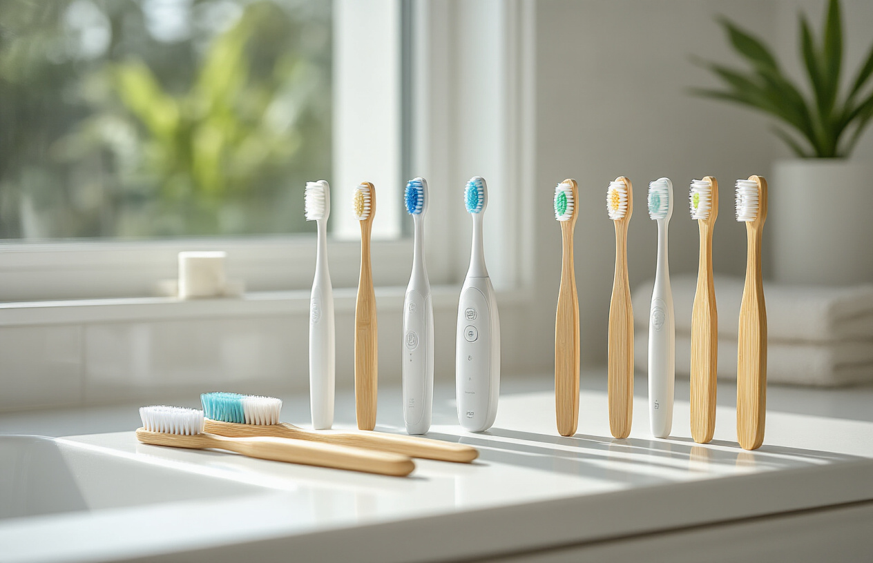 Create a realistic image of various types of toothbrushes arranged on a clean white bathroom counter, including manual toothbrushes with different bristle types (soft, medium, firm), electric toothbrushes, and bamboo eco-friendly toothbrushes, displayed in an organized comparison layout with good natural lighting from a bathroom window, clean modern bathroom setting in the background, absolutely NO text should be in the scene.