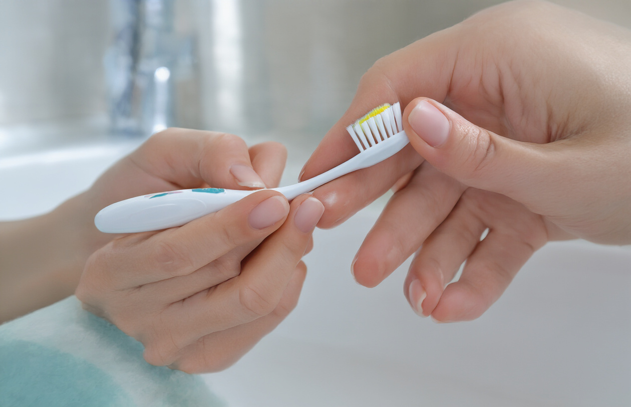 Create a realistic image of a close-up view of hands holding a toothbrush with proper grip technique, demonstrating correct brushing angle against white teeth, with dental hygiene focus, clean bathroom setting with soft natural lighting, toothpaste on bristles, healthy pink gums visible, professional dental care atmosphere, absolutely NO text should be in the scene.