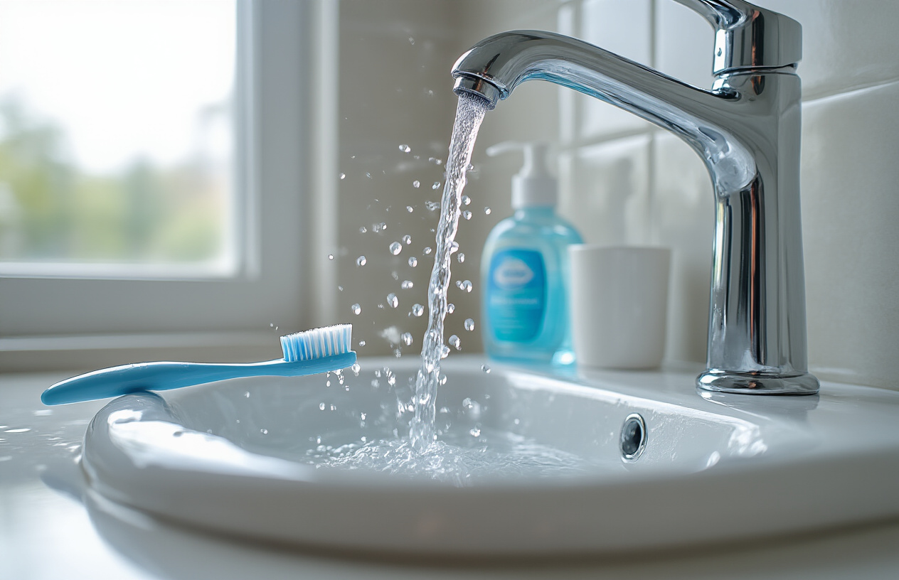 Create a realistic image of a clean toothbrush being rinsed under running water from a bathroom faucet, with water droplets splashing around the bristles, positioned over a white porcelain sink, with antibacterial mouthwash bottle and toothbrush holder visible in the background on a clean bathroom counter, bright natural lighting from a window creating a fresh and hygienic atmosphere, absolutely NO text should be in the scene.