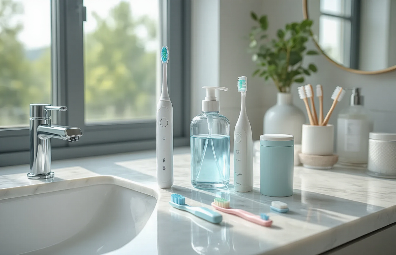 Create a realistic image of a modern bathroom counter with various oral care products arranged elegantly including an electric toothbrush, dental floss, mouthwash bottle, tongue scraper, and interdental brushes displayed on a clean white marble surface with soft natural lighting from a window, creating a fresh and hygienic atmosphere that suggests a comprehensive oral care routine beyond basic brushing, absolutely NO text should be in the scene.