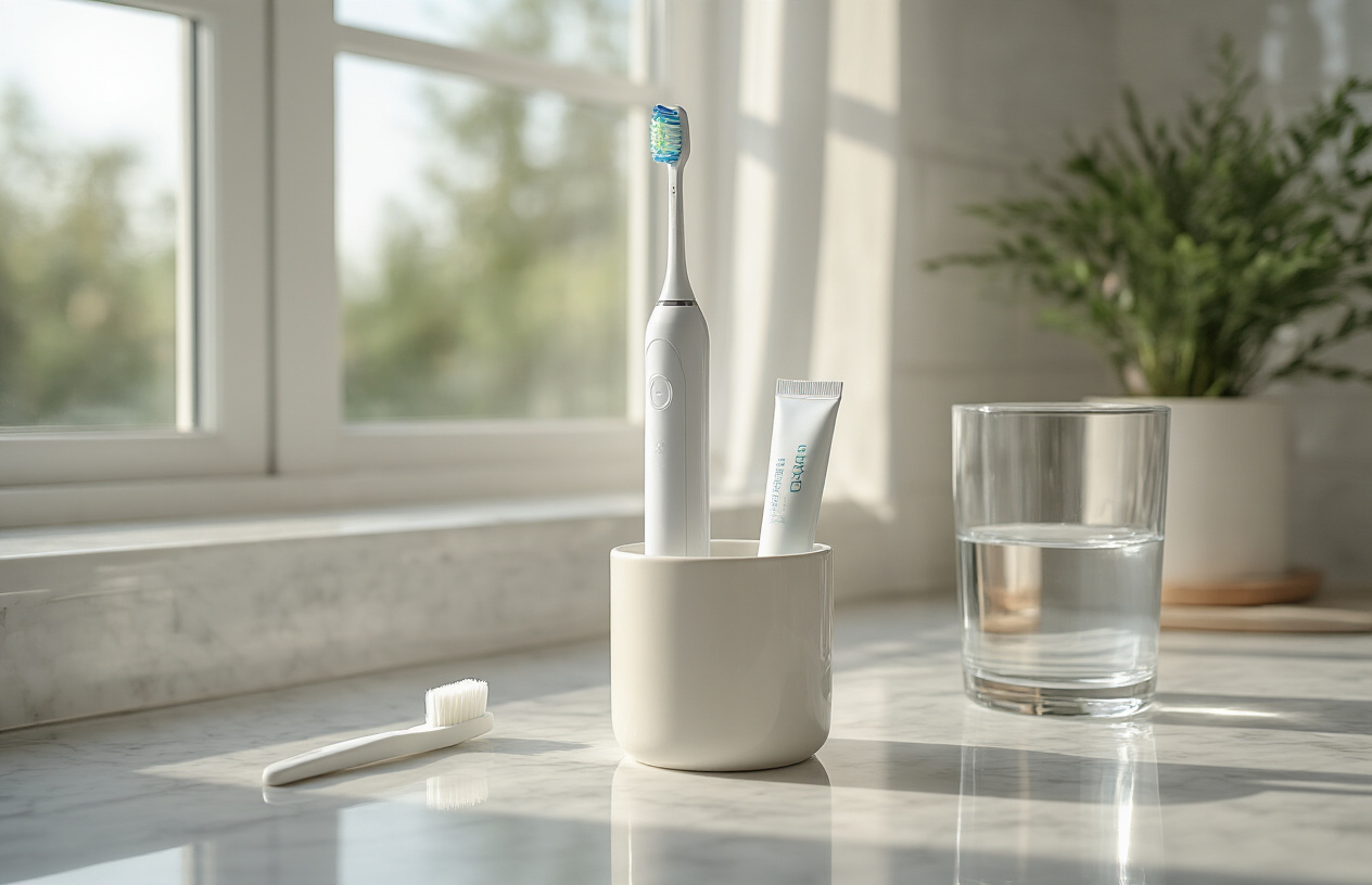 Create a realistic image of a modern electric toothbrush standing upright in a clean white ceramic holder on a marble bathroom countertop next to a tube of toothpaste and a glass of clear water, with soft natural lighting streaming through a window creating gentle shadows, conveying a sense of cleanliness and daily oral hygiene routine completion, absolutely NO text should be in the scene.