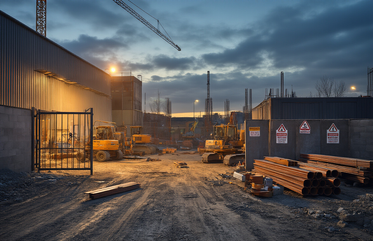 Create a realistic image of a construction site showing multiple security risks including an open gate with construction equipment visible, unattended power tools scattered on the ground, construction materials like steel beams and copper pipes stacked without proper security, dark areas with poor lighting around temporary buildings, and warning signs indicating hazardous areas, captured during dusk with dramatic lighting that emphasizes the vulnerable aspects of the site, shot from a security perspective that highlights potential theft and safety concerns. Absolutely NO text should be in the scene.