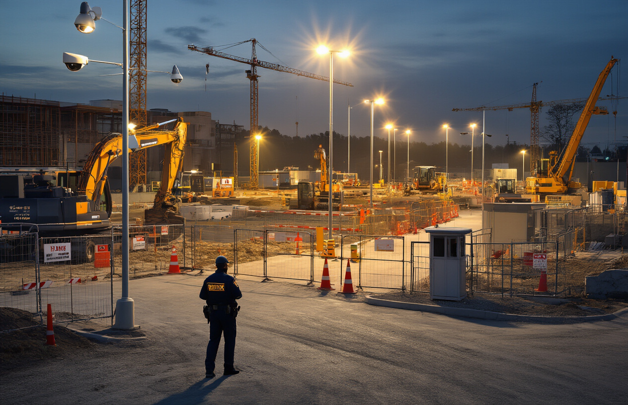 Create a realistic image of a modern construction site at dusk with professional security measures visible, featuring a white male security guard in uniform conducting a patrol near construction equipment, security cameras mounted on tall poles, bright LED floodlights illuminating the work area, temporary fencing with warning signs around the perimeter, a security booth at the entrance gate, construction machinery like excavators and cranes in the background, orange safety cones and barriers strategically placed, industrial lighting creating a well-secured atmosphere, and a clear view of the organized safety infrastructure protecting the construction zone, absolutely NO text should be in the scene.