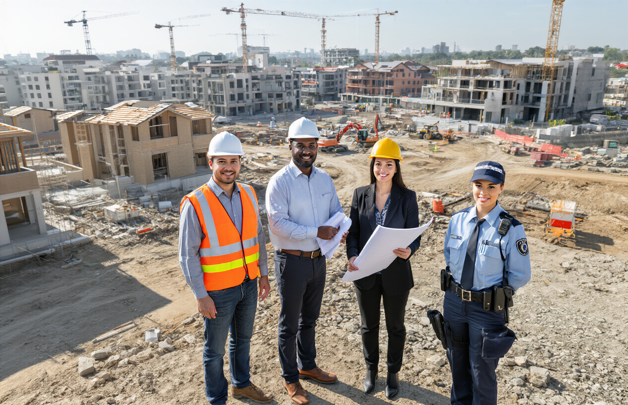 Create a realistic image of a diverse group of professionals from different construction-related industries standing in front of various construction sites, including a white male construction manager in a hard hat and safety vest, a black female architect holding blueprints, an Asian male project developer in business attire, and a white female security professional with a radio and uniform, with multiple construction sites visible in the background showing residential buildings, commercial developments, and infrastructure projects under construction, bright daylight with clear visibility showcasing the variety of construction sectors that require professional security services, Absolutely NO text should be in the scene.