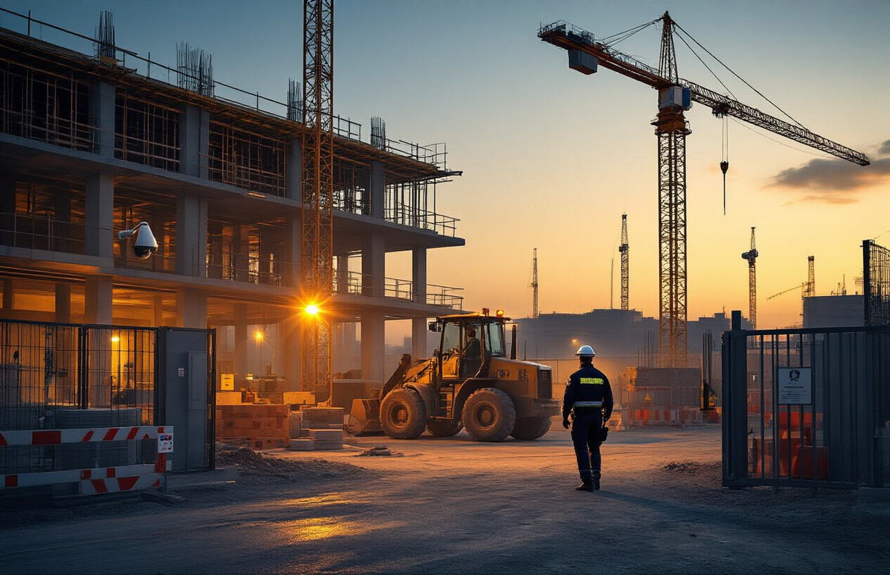 Create a realistic image of a modern construction site at dusk with professional security elements prominently displayed, featuring a white male security guard in uniform conducting a patrol near construction equipment and materials, modern CCTV cameras mounted on poles, bright LED security lighting illuminating the perimeter, construction cranes and building framework in the background, safety barriers and warning signs visible, a secure entrance gate with access control system, the scene conveying protection and professional oversight with warm golden hour lighting creating a sense of safety and completion, absolutely NO text should be in the scene.