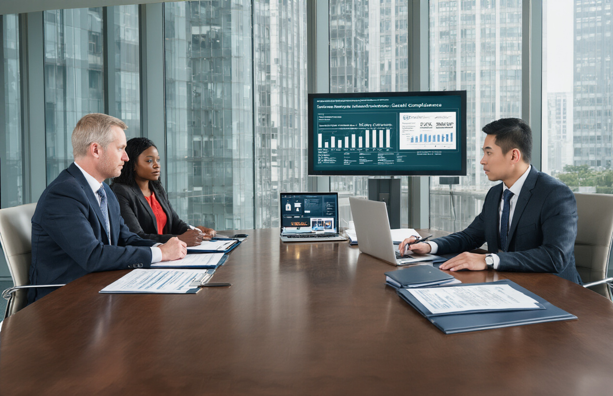 Create a realistic image of a professional meeting scene with a diverse group including a white male lawyer in a dark suit, a black female event manager, and an Asian male security consultant sitting around a polished conference table, with legal documents, safety regulation binders, and a laptop displaying security compliance charts spread across the table, set in a modern office environment with floor-to-ceiling windows showing a city view, professional lighting creating a serious business atmosphere, absolutely NO text should be in the scene.