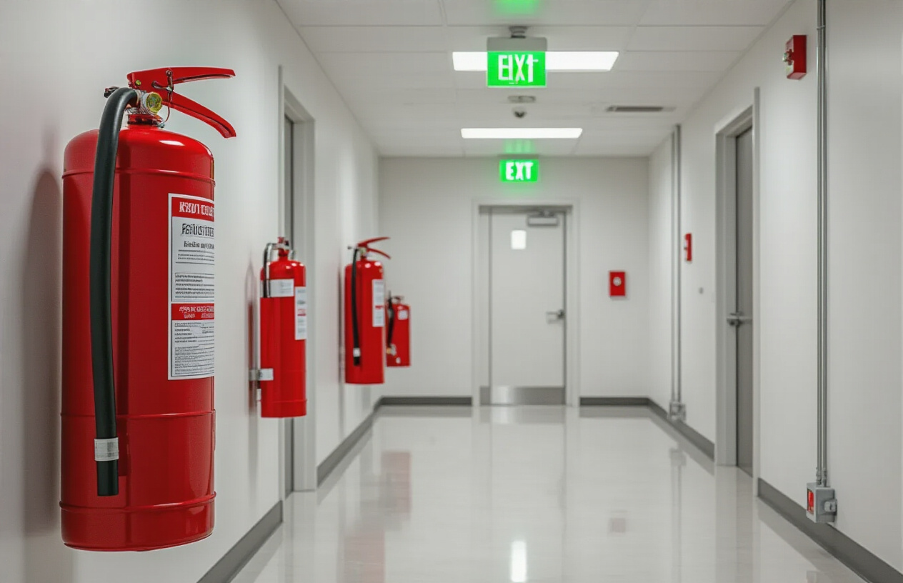 Create a realistic image of a modern event venue interior showing comprehensive fire safety measures including bright red fire extinguishers mounted on walls, illuminated green exit signs above doorways, white smoke detectors on the ceiling, a red fire alarm pull station, and visible sprinkler system heads, with professional lighting highlighting the safety equipment against clean white walls and polished floors, conveying a sense of preparedness and compliance, absolutely NO text should be in the scene.
