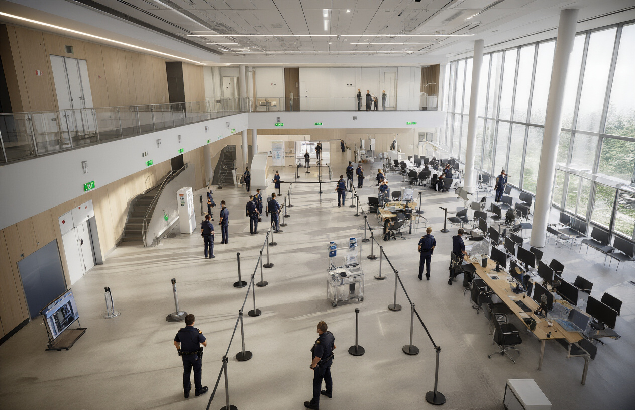 Create a realistic image of a modern conference hall or event venue viewed from an elevated angle showing multiple integrated safety elements including visible fire exits with green emergency lighting, sprinkler systems on the ceiling, a first aid station with medical equipment, professional security personnel in uniform standing at strategic positions, crowd control barriers creating organized pathways, and advanced technical equipment like cameras and monitoring systems, all set in a well-lit professional environment with clean architectural lines and a sense of organized safety preparedness, absolutely NO text should be in the scene.