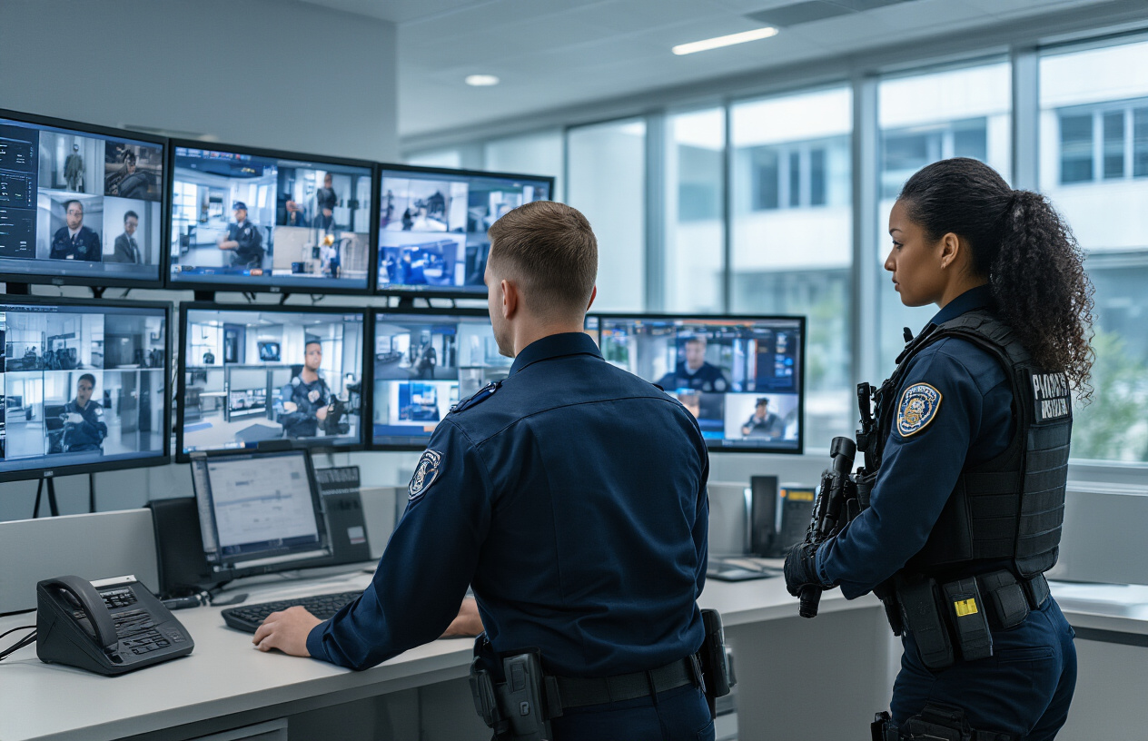 Create a realistic image of a modern security control room with multiple monitors displaying surveillance footage, a white male security officer in professional uniform monitoring the screens, another black female security guard patrolling in the background wearing tactical gear, security equipment like radios and access cards on the desk, professional lighting with blue-tinted monitor glow, clean corporate environment with glass windows showing an office building exterior, conveying vigilance and professional protection services, absolutely NO text should be in the scene.