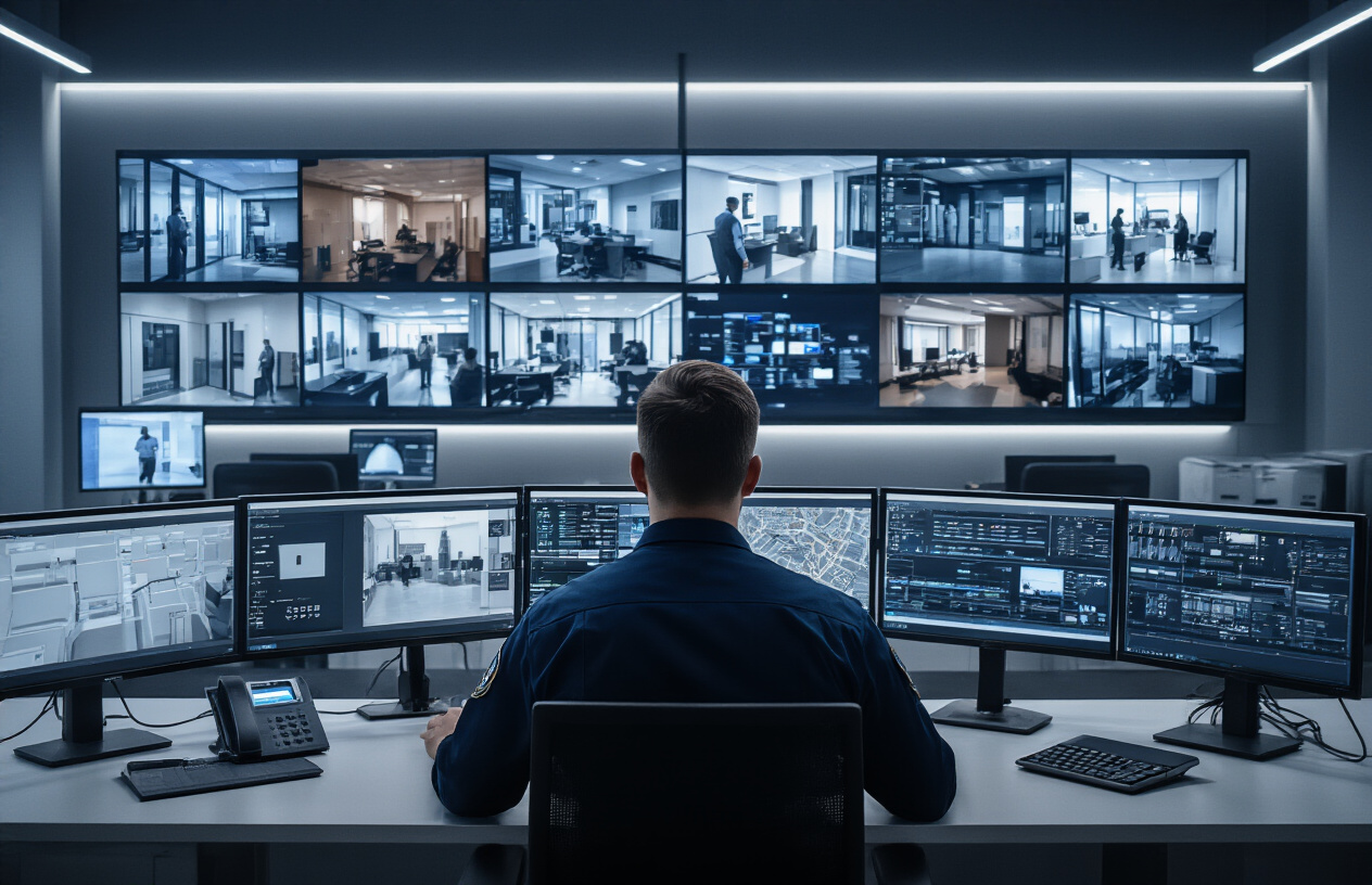 Create a realistic image of a modern security control room showing advanced surveillance technology with multiple high-resolution monitors displaying live CCTV feeds from various building locations, a white male security professional in uniform monitoring the screens, sophisticated control panels with digital interfaces, motion sensors and access control devices visible on a desk, sleek modern equipment including tablets and communication devices, professional indoor lighting creating a high-tech atmosphere, clean contemporary office environment with dark walls and organized workspace setup, absolutely NO text should be in the scene.