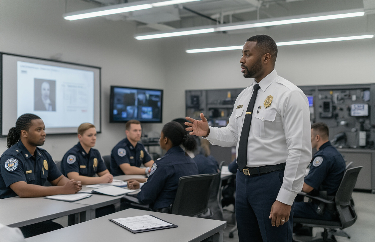 Create a realistic image of a diverse group of security personnel in a modern training facility, featuring a white male instructor in professional attire presenting to seated trainees including a black female and white male security guards wearing dark uniforms, with certification certificates and training materials visible on desks, bright fluorescent lighting illuminating the contemporary classroom setting with security equipment displays in the background, conveying a professional educational atmosphere. Absolutely NO text should be in the scene.