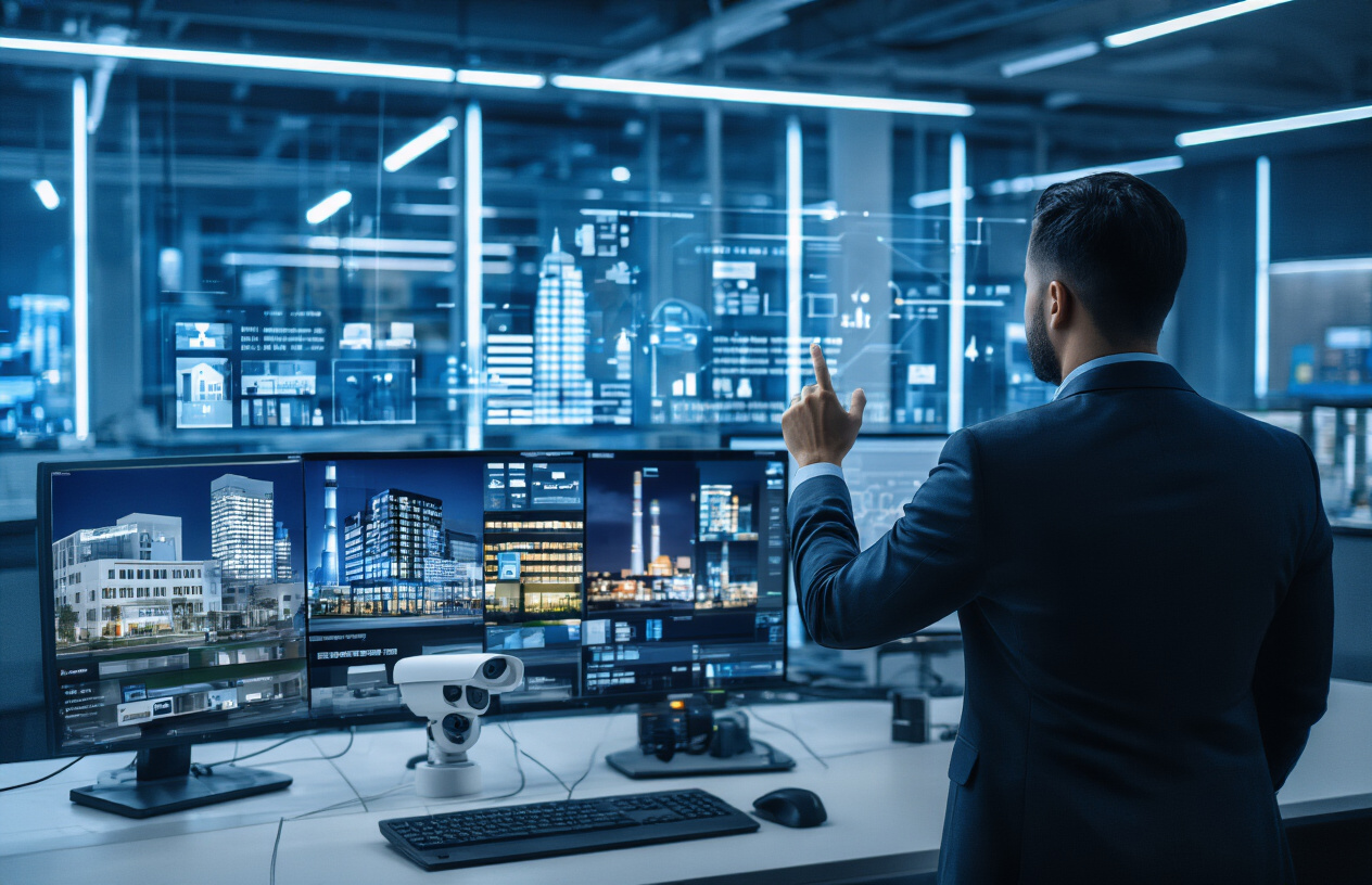 Create a realistic image of a modern security professional in a business suit analyzing different industry sectors on multiple digital screens showing various buildings including a hospital, factory, office building, and retail store, with the person pointing at security cameras and access control systems visible in the foreground, set in a contemporary security operations center with blue and white lighting, conveying a professional and technologically advanced atmosphere, absolutely NO text should be in the scene.