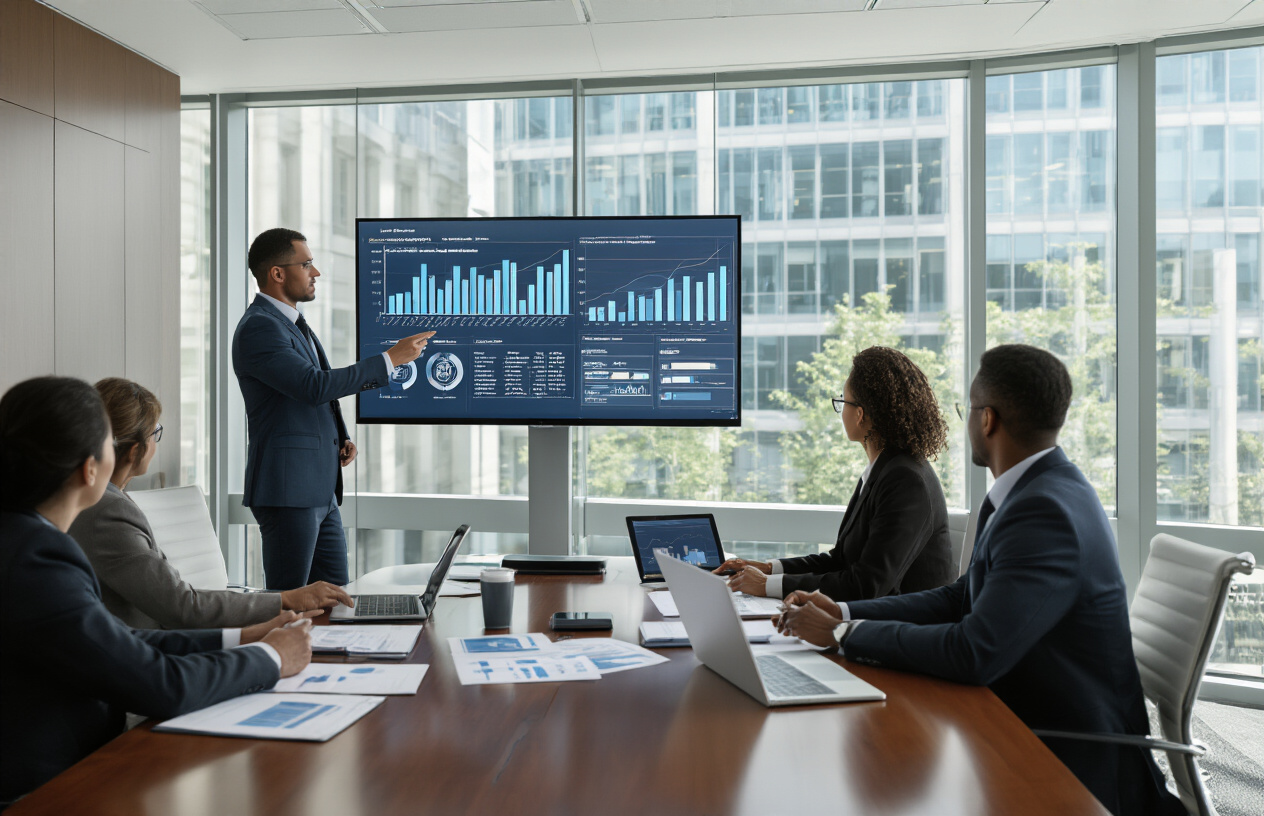 Create a realistic image of a modern office conference room with a white male security consultant in a professional suit presenting cost-benefit charts on a wall-mounted screen to a diverse group of business executives seated around a polished conference table, with financial documents and tablets displaying security analytics spread across the table, large windows showing a corporate building exterior in the background, professional lighting creating a productive business atmosphere, conveying efficiency and value creation through modern security solutions, absolutely NO text should be in the scene.
