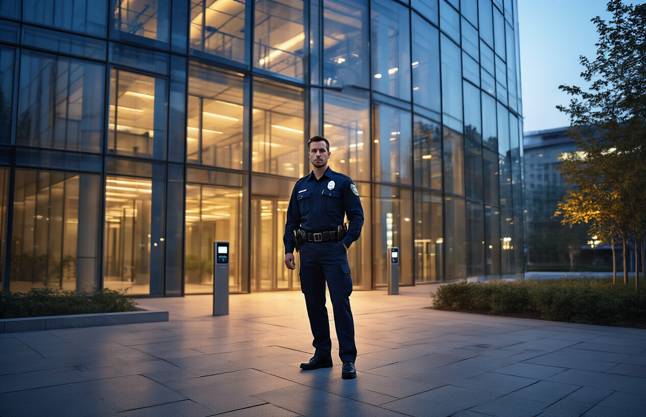 Create a realistic image of a modern security professional, a white male in his 30s wearing a dark professional uniform, standing confidently in front of a sleek glass office building at dusk, with subtle warm lighting from the building's windows creating a professional atmosphere, security cameras visible on the building facade, and modern digital access control panels near the entrance, conveying trust, professionalism and advanced security technology integration, with a clean urban background and soft evening lighting that emphasizes the modern and reliable nature of contemporary security services, absolutely NO text should be in the scene.