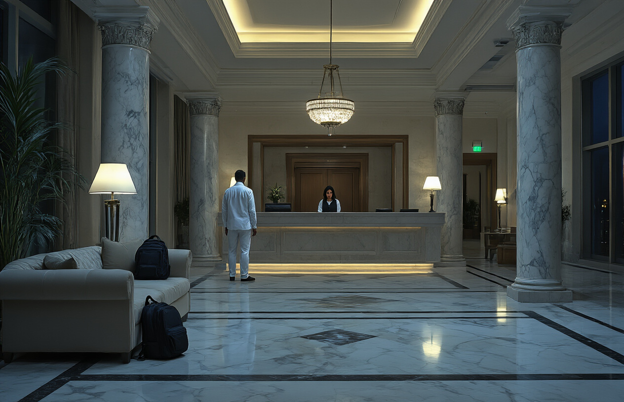 Create a realistic image of a luxury hotel lobby at night showing multiple security threats including a suspicious white male figure lurking near the reception desk, an unattended black backpack on an elegant sofa, a broken security camera hanging from the ceiling, dim emergency lighting creating shadows, expensive marble floors and ornate pillars, with a concerned black female receptionist looking worried behind the front desk, creating an atmosphere of vulnerability and potential danger in an upscale hospitality environment, absolutely NO text should be in the scene.