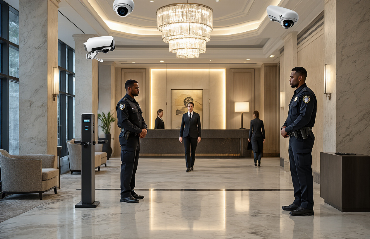 Create a realistic image of a modern hotel lobby with professional security personnel consisting of a black male and white female security guard in dark uniforms standing alert near the reception area, sophisticated surveillance cameras mounted on walls, metal detectors at the entrance, well-dressed guests walking through the elegant marble-floored lobby with contemporary furniture and warm ambient lighting, conveying a sense of safety and professional security coverage, absolutely NO text should be in the scene.