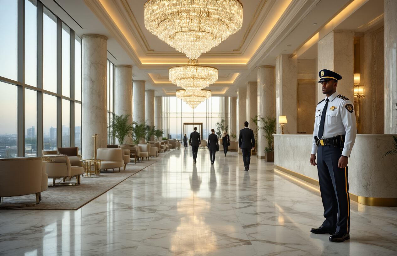 Create a realistic image of a modern upscale hotel lobby with a professional white male security guard in uniform standing confidently near the reception desk, expensive marble flooring with elegant furniture and decor, warm ambient lighting from crystal chandeliers, well-dressed guests moving through the space, glass windows showing a city view, polished brass accents and luxurious atmosphere conveying prosperity and professional protection, shot from a wide angle perspective with soft golden lighting. Absolutely NO text should be in the scene.