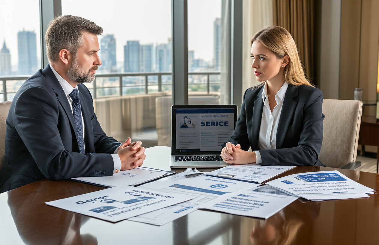 Create a realistic image of a professional business meeting scene where a white male hotel manager in a dark suit sits across from a white female security company representative in professional attire at a polished conference table, with security service brochures, evaluation documents, and a laptop displaying security criteria checklists spread across the table, set in a modern hotel conference room with large windows showing city views, warm natural lighting, and elegant hotel interior elements in the background, conveying a serious decision-making atmosphere. Absolutely NO text should be in the scene.