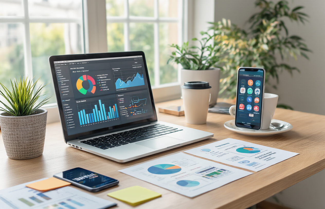 Create a realistic image of a modern office workspace with digital marketing elements scattered across a clean desk including a laptop displaying colorful analytics charts and graphs, a smartphone showing social media icons, sticky notes with strategy keywords, a coffee cup, and marketing strategy documents, with soft natural lighting from a window creating a professional and organized atmosphere, absolutely NO text should be in the scene.