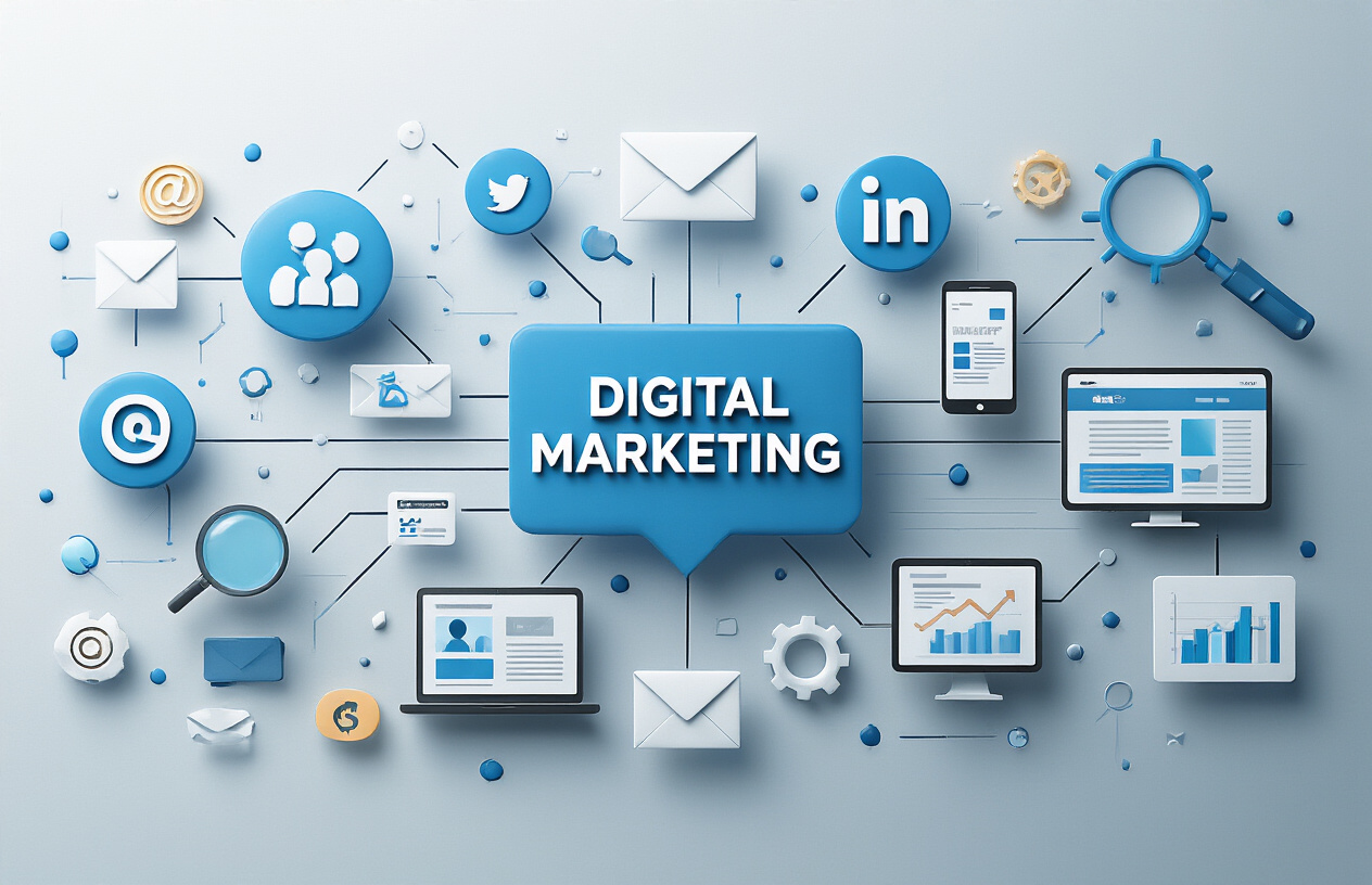 Create a realistic image of various digital marketing channel icons and symbols arranged in an organized layout, including social media logos, email marketing envelopes, search engine magnifying glasses, mobile devices, computer screens displaying websites, pay-per-click advertising symbols, and analytics charts, all connected by flowing digital network lines against a clean modern tech background with subtle blue and white gradient lighting, professional business atmosphere. Absolutely NO text should be in the scene.