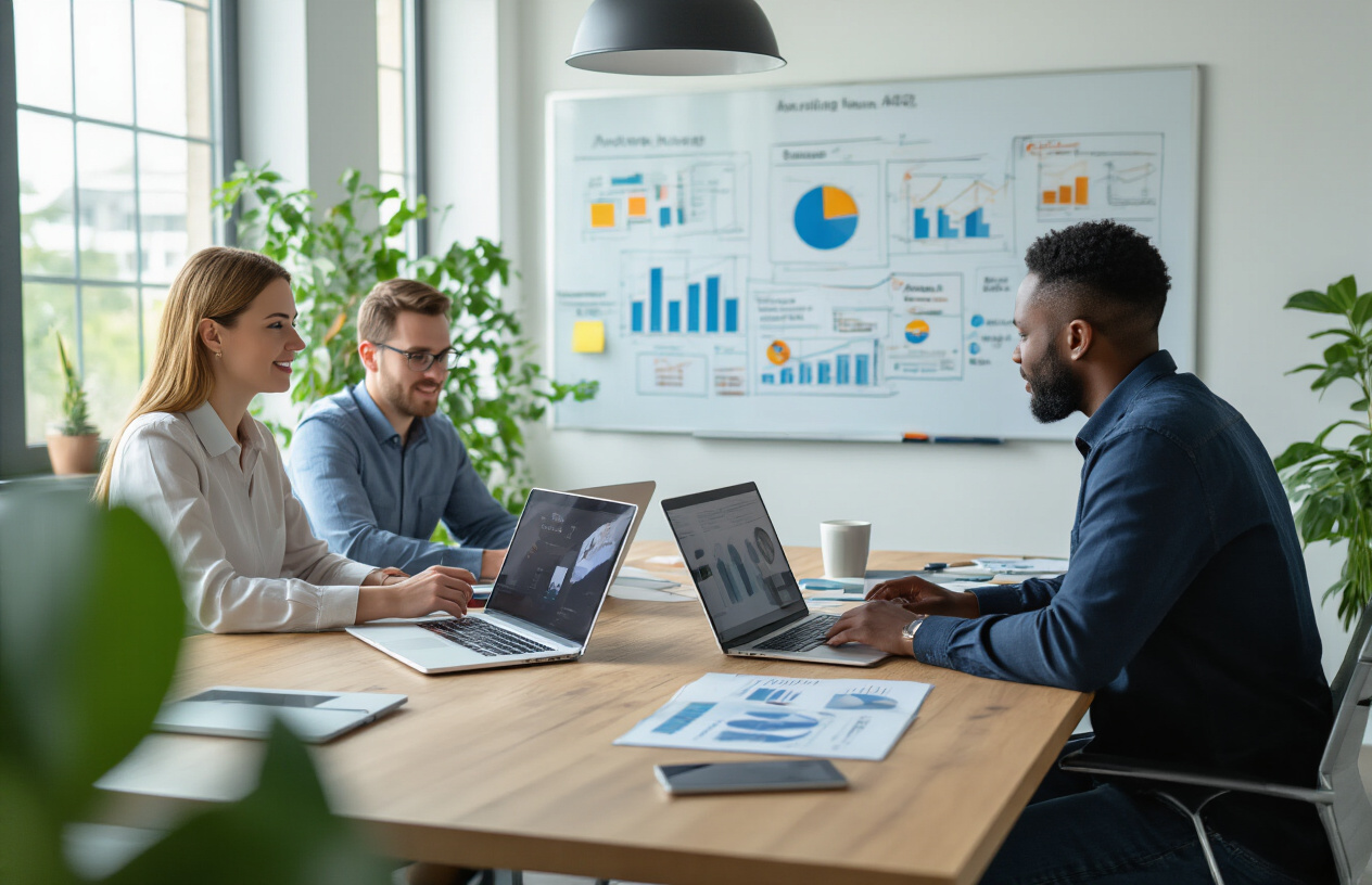 Create a realistic image of a modern office workspace with a diverse team of professionals including a white female marketing manager and a black male data analyst collaborating around a large conference table covered with laptops, tablets, charts, graphs, and strategic planning documents, with a whiteboard in the background showing marketing funnels and customer journey diagrams, bright natural lighting from large windows, clean contemporary office environment with plants and motivational elements, focused collaborative atmosphere as they develop comprehensive digital marketing strategies, absolutely NO text should be in the scene.