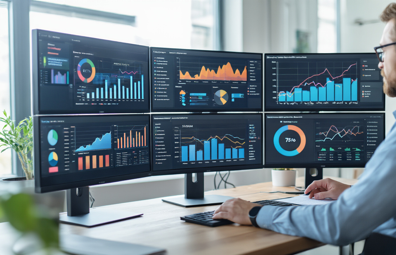 Create a realistic image of a modern office workspace showing multiple computer monitors displaying colorful analytics dashboards, bar charts, line graphs, and performance metrics, with a white male marketing professional in business casual attire analyzing data on one screen while taking notes, surrounded by additional screens showing campaign statistics, conversion rates, and ROI indicators, set against a clean contemporary office background with natural lighting from large windows, conveying a focused and analytical atmosphere, absolutely NO text should be in the scene.