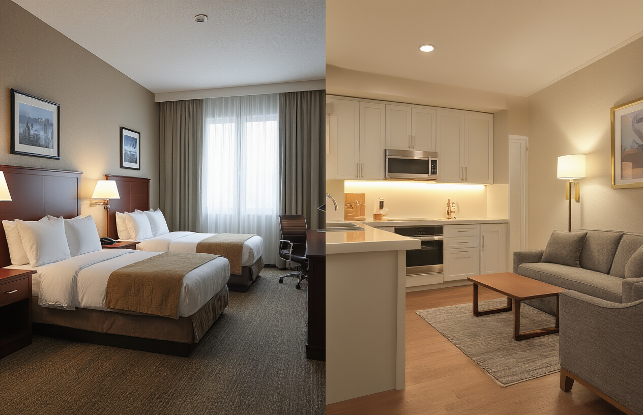 Create a realistic image of a split-screen comparison showing a traditional hotel room on one side with standard furnishings and a corporate atmosphere, and a luxurious extended-stay apartment-style accommodation on the other side featuring a full kitchen, living area, and home-like amenities, with warm lighting highlighting the spacious and comfortable residential feel of the extended-stay option, set against a clean modern background that emphasizes the contrast between these two accommodation types, absolutely NO text should be in the scene.
