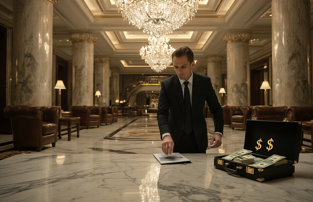 Create a realistic image of a luxury hotel lobby with elegant marble floors and crystal chandeliers, where a well-dressed white male hotel manager in a dark suit is discreetly sliding a folder marked with dollar signs under a desk while looking around cautiously, with opulent furnishings including leather chairs and gold accents in the background, dramatic lighting with shadows casting across the scene suggesting secrecy, and stacks of money partially visible in an open briefcase on a nearby table, absolutely NO text should be in the scene.