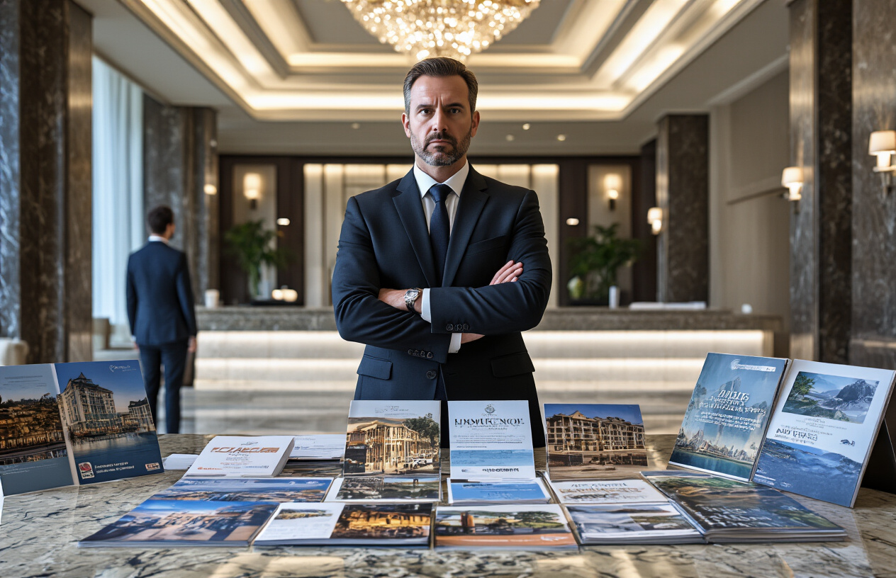 Create a realistic image of a hotel executive in a dark business suit standing behind a large luxury hotel reception desk, deliberately blocking or hiding travel brochures and alternative accommodation materials from view, with their arms crossed in a protective gesture over pamphlets showing vacation rentals and extended stay properties, set in an upscale hotel lobby with marble floors and dim, moody lighting that creates shadows suggesting secrecy, while a confused traveler stands in the background looking around for information, absolutely NO text should be in the scene.
