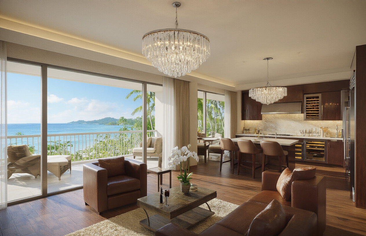 Create a realistic image of a luxurious resort suite interior featuring a spacious living area with premium leather furniture, marble countertops, floor-to-ceiling windows overlooking a tropical landscape, a fully equipped gourmet kitchen with stainless steel appliances, elegant hardwood floors, crystal chandeliers, fresh orchid arrangements, plush bedding visible through an open bedroom doorway, and high-end amenities like a wine refrigerator and spa-like bathroom fixtures, all bathed in warm natural lighting that emphasizes the five-star quality and sophistication of the space, absolutely NO text should be in the scene.