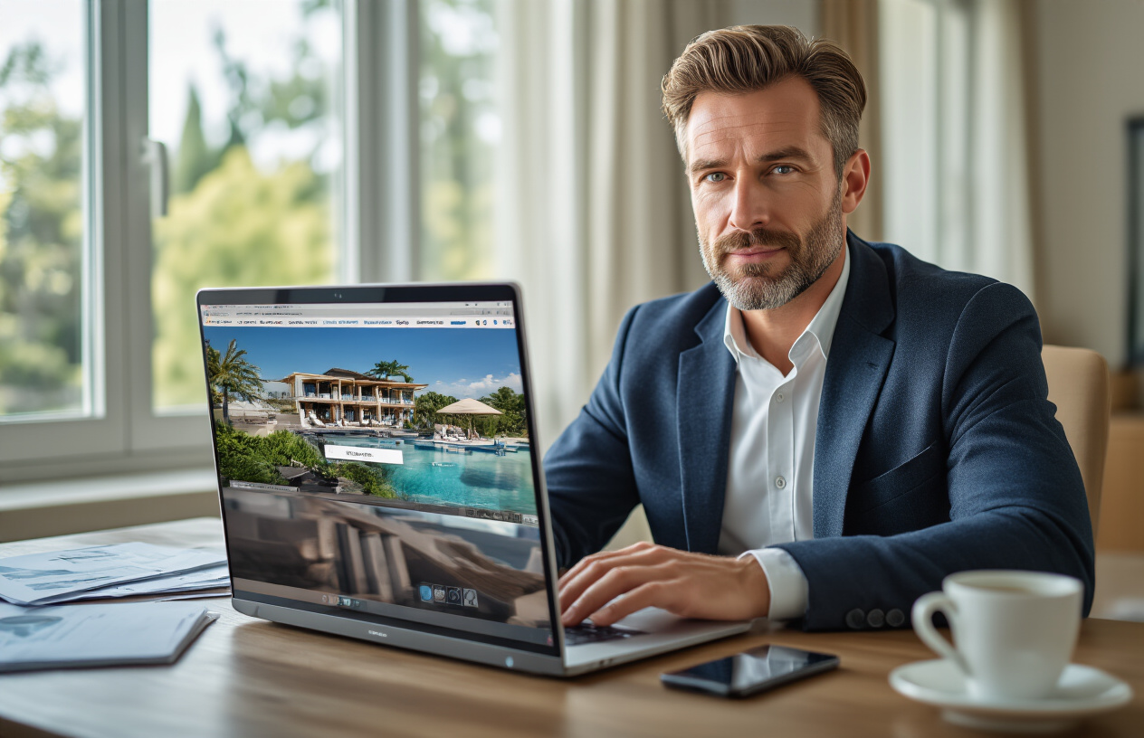 Create a realistic image of a confident white male business traveler in his 30s sitting at a modern laptop computer with multiple browser tabs open showing luxury resort booking websites, with his smartphone displaying a booking app nearby on a sleek wooden desk, surrounded by travel documents and a coffee cup, in a bright contemporary home office with natural lighting streaming through windows, conveying a sense of insider knowledge and strategic booking expertise, absolutely NO text should be in the scene.