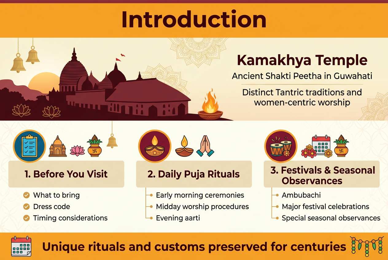 3:2 landscape infographic, full-bleed layout with clean professional design, rich saffron, deep maroon, gold, cream, and teal color palette, elegant sans-serif and serif font pairing, high contrast, clear visual hierarchy. Top full-width header bar with bold title text in large dark maroon letters: "Introduction" Below the title, a wide hero section spanning the upper half: an illustrated silhouette of Kamakhya Temple on Nilachal Hill in Guwahati at sunrise, with subtle temple bells, lotus motifs, sacred flame, and mandala patterns. Overlay a short introductory text block on the right in clean readable type: "Kamakhya Temple" "Ancient Shakti Peetha in Guwahati" "Distinct Tantric traditions and women-centric worship" Center area divided into three horizontal content blocks with numbered circular icons and small symbols: Left block with a blue-and-gold checklist icon and the heading: "1. Before You Visit" Three short bullet lines with small check icons: "What to bring" "Dress code" "Timing considerations" Middle block with a lamp and prayer icon and the heading: "2. Daily Puja Rituals" Three short bullet lines: "Early morning ceremonies" "Midday worship procedures" "Evening aarti" Right block with a festival icon featuring drums, flowers, and sacred pot motifs and the heading: "3. Festivals & Seasonal Observances" Three short bullet lines: "Ambubachi" "Major festival celebrations" "Special seasonal observances" Bottom full-width banner with a highlighted statement in bold: "Unique rituals and customs preserved for centuries" Include small decorative icons near relevant sections: temple, lotus, kalash, bell, oil lamp, prayer hands, calendar, and festive garlands. Use clean spacing, aligned columns, subtle patterned background, and crisp infographic styling with no extra text beyond the phrases shown.