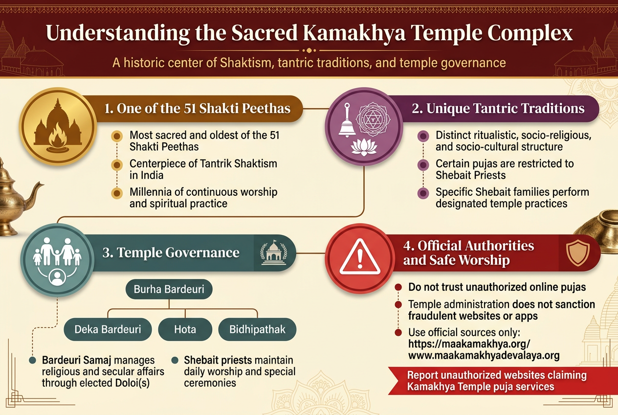 Create a full-bleed professional infographic illustration in landscape 3:2 aspect ratio with a clean modern Hindu-temple aesthetic, using deep saffron, maroon, gold, cream, and muted teal accents. Use a bold serif heading at the top center and a clear visual hierarchy with four wide horizontal sections across the page, not a vertical poster. Include subtle decorative temple motifs, lotus patterns, brass textures, and line-art borders. Top header: Large bold title text: "Understanding the Sacred Kamakhya Temple Complex" Small subtitle beneath: "A historic center of Shaktism, tantric traditions, and temple governance" Section 1 on the upper left, with a gold circular icon showing a temple silhouette and sacred flame: Heading: "1. One of the 51 Shakti Peethas" Include three short bullet points: "Most sacred and oldest of the 51 Shakti Peethas" "Centerpiece of Tantrik Shaktism in India" "Millennia of continuous worship and spiritual practice" Section 2 on the upper right, with a purple circular icon showing a ritual bell, yantra, and lotus: Heading: "2. Unique Tantric Traditions" Include three short bullet points: "Distinct ritualistic, socio-religious, and socio-cultural structure" "Certain pujas are restricted to Shebait Priests" "Specific Shebait families perform designated temple practices" Section 3 across the lower left half, with a teal circular icon showing four connected family figures and a small temple administration emblem: Heading: "3. Temple Governance" Include a simple family-based diagram with four labeled nodes connected to one central governing node: "Burha Bardeuri" "Deka Bardeuri" "Hota" "Bidhipathak" Add one label beneath the diagram: "Bardeuri Samaj manages religious and secular affairs through elected Doloi(s)" Add another short line: "Shebait priests maintain daily worship and special ceremonies" Section 4 across the lower right half, with a red warning triangle icon and a shield icon: Heading: "4. Official Authorities and Safe Worship" Include three short bullet points: "Do not trust unauthorized online pujas" "Temple administration does not sanction fraudulent websites or apps" "Use official sources only:" "https://maakamakhya.org/" "www.maakamakhyadevalaya.org" Add a final bold warning line in a red banner: "Report unauthorized websites claiming Kamakhya Temple puja services" Use crisp sans-serif body text, high contrast, clean alignment, subtle shadows, and evenly spaced blocks. Include small icons beside each bullet point. Make the layout wide, balanced, and easy to read, with the title spanning the full width and the four sections arranged in a two-by-two grid with connective visual flow.