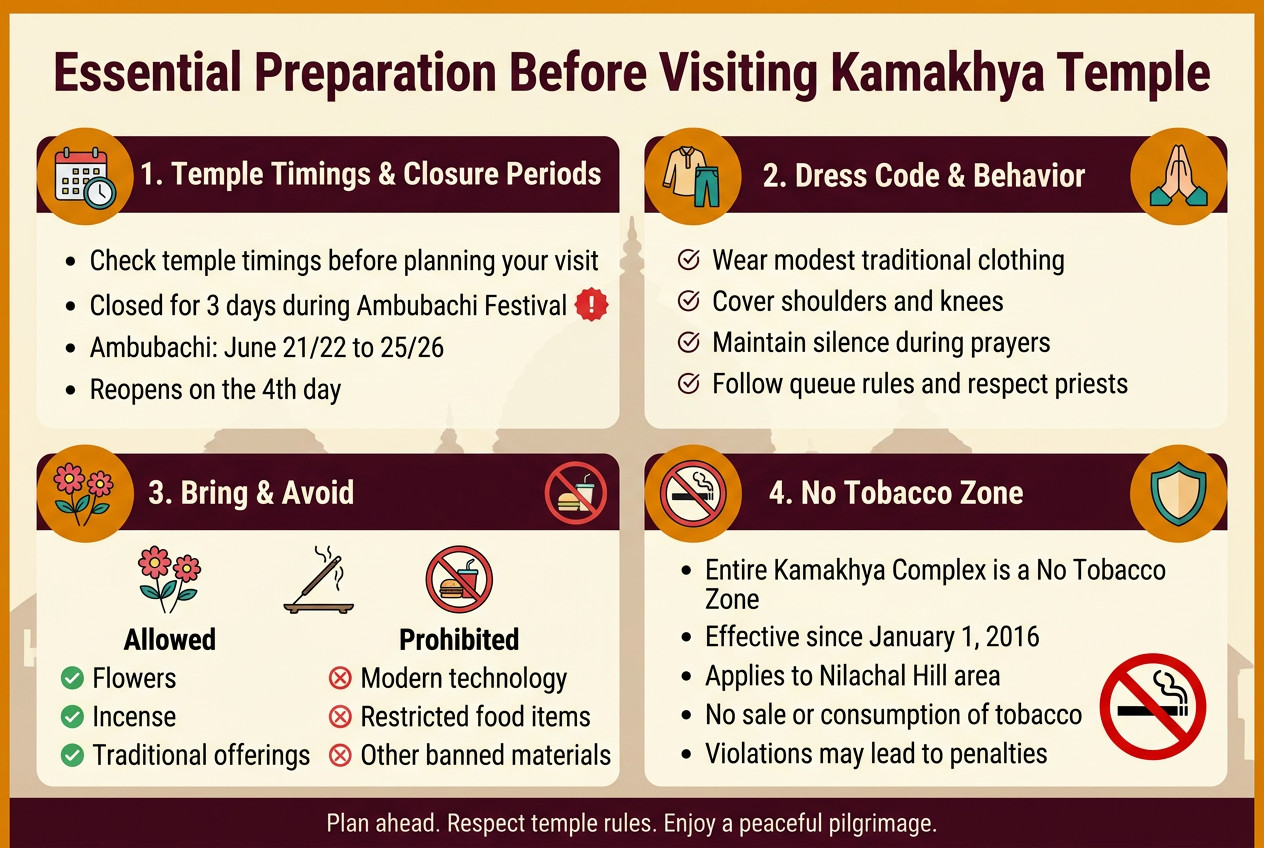 Aspect ratio 3:2, full-bleed professional infographic, clean modern flat design, sacred temple theme with deep saffron, maroon, cream, and teal accents, subtle temple silhouette background, bold sans-serif heading at the top center in dark maroon: "Essential Preparation Before Visiting Kamakhya Temple" Create a wide 2-column by 2-row layout of four clear information blocks with numbered section headers and matching icons: Top left block with a calendar icon and clock icon, header in bold: "1. Temple Timings & Closure Periods" Include short bullet text: • "Check temple timings before planning your visit" • "Closed for 3 days during Ambubachi Festival" • "Ambubachi: June 21/22 to 25/26" • "Reopens on the 4th day" Use a small red warning badge beside "Closed for 3 days" Top right block with a clothing icon and prayer hands icon, header in bold: "2. Dress Code & Behavior" Include short bullet text: • "Wear modest traditional clothing" • "Cover shoulders and knees" • "Maintain silence during prayers" • "Follow queue rules and respect priests" Use small checkmark symbols for each line Bottom left block with a flowers icon, incense stick icon, and crossed-out items icon, header in bold: "3. Bring & Avoid" Include two mini lists: Allowed: • "Flowers" • "Incense" • "Traditional offerings" Prohibited: • "Modern technology" • "Restricted food items" • "Other banned materials" Use green check icons for Allowed and red crossed-circle icons for Prohibited Bottom right block with a no-smoking icon and shield icon, header in bold: "4. No Tobacco Zone" Include short bullet text: • "Entire Kamakhya Complex is a No Tobacco Zone" • "Effective since January 1, 2016" • "Applies to Nilachal Hill area" • "No sale or consumption of tobacco" • "Violations may lead to penalties" Use a red prohibition symbol over a cigarette Add a thin footer bar across the bottom with small text: "Plan ahead. Respect temple rules. Enjoy a peaceful pilgrimage." Use clear hierarchy, strong spacing, aligned grids, crisp icons, and readable text, with no centered vertical stack.