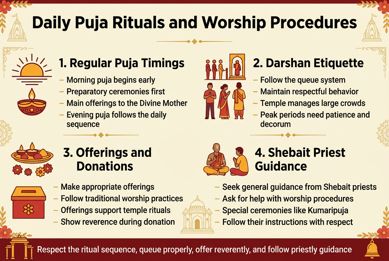 Create a clean professional infographic illustration in a 3:2 aspect ratio with a full-bleed layout, rich temple-inspired colors, and a modern sans-serif font with bold hierarchy. Use a warm saffron, deep red, gold, and muted cream palette with dark charcoal text. Add a bold top heading centered across the width: "Daily Puja Rituals and Worship Procedures". Below the heading, organize the content into four wide horizontal sections or four balanced cards across the page, each with a distinct icon and clear label. Use decorative but subtle Hindu temple motifs, floral borders, and small gold divider lines. Keep the layout spacious, readable, and non-vertical. Section 1 on the left: a sunrise and lamp icon. Title text: "1. Regular Puja Timings". Under it, include short bullet-style lines: "Morning puja begins early" "Preparatory ceremonies first" "Main offerings to the Divine Mother" "Evening puja follows the daily sequence" Section 2 next to it: a queue and darshan icon with devotees standing respectfully. Title text: "2. Darshan Etiquette". Include: "Follow the queue system" "Maintain respectful behavior" "Temple manages large crowds" "Peak periods need patience and decorum" Section 3 next to it: an offering tray, flowers, and donation box icon. Title text: "3. Offerings and Donations". Include: "Make appropriate offerings" "Follow traditional worship practices" "Offerings support temple rituals" "Show reverence during donation" Section 4 on the right: a priest guidance icon with a seated Shebait priest and a devotee. Title text: "4. Shebait Priest Guidance". Include: "Seek general guidance from Shebait priests" "Ask for help with worship procedures" "Special ceremonies like Kumaripuja" "Follow their instructions with respect" Add a small bottom banner spanning the width with a temple gate and sacred bell motif, containing the text: "Respect the ritual sequence, queue properly, offer reverently, and follow priestly guidance". Use clean iconography, strong contrast, and balanced spacing. No border frame, no cropped elements, no crowded text.
