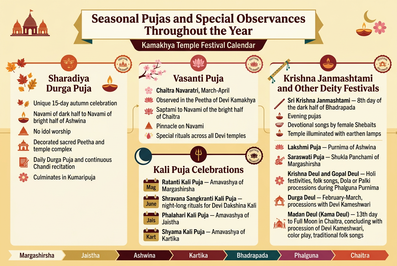 Create a full-bleed infographic illustration in aspect ratio 3:2 with a clean professional temple-calendar theme, rich saffron, deep maroon, gold, ivory, and dark teal palette, elegant sans-serif font for body text and bold serif font for headings. Use a wide horizontal layout with four main content blocks across the canvas, connected by a subtle year-round calendar timeline ribbon running left to right near the middle. Place a large bold title at the top center: "Seasonal Pujas and Special Observances Throughout the Year". Add small decorative temple, lamp, lotus, moon, and flower motifs, with clear icon markers for each festival. Top section: - Large centered title in dark maroon on an ivory banner with gold accents. - Subheading under title in smaller text: "Kamakhya Temple Festival Calendar". Left block 1: "Sharadiya Durga Puja" - Autumn leaves and lamp icon. - Include text: "Unique 15-day autumn celebration" "Navami of dark half to Navami of bright half of Ashwina" "No idol worship" "Decorated sacred Peetha and temple complex" "Daily Durga Puja and continuous Chandi recitation" "Culminates in Kumaripuja" Upper middle block 2: "Vasanti Puja" - Spring blossom and lotus icon. - Include text: "Chaitra Navaratri, March-April" "Observed in the Peetha of Devi Kamakhya" "Saptami to Navami of the bright half of Chaitra" "Pinnacle on Navami" "Special rituals across all Devi temples" Lower middle block 3: "Kali Puja Celebrations" - Dark moon and trident icon. - Arrange as four compact stacked bullets with month tags: "Ratanti Kali Puja — Amavashya of Margashirsha" "Shravana Sangkranti Kali Puja — night-long rituals for Devi Dakshina Kali" "Phalahari Kali Puja — Amavashya of Jaistha" "Shyama Kali Puja — Amavashya of Kartika" Right block 4: "Krishna Janmashtami and Other Deity Festivals" - Krishna flute, earthen lamp, and procession palanquin icons. - Include text: "Sri Krishna Janmashtami — 8th day of the dark half of Bhadrapada" "Evening pujas" "Devotional songs by female Shebaits" "Temple illuminated with earthen lamps" "Lakshmi Puja — Purnima of Ashwina" "Saraswati Puja — Shukla Panchami of Margashirsha" "Krishna Deul and Gopal Deul — Holi festivities, folk songs, Dola or Palki processions during Phalguna Purnima" "Durga Deul — February-March, processions with Devi Kameshwari" "Madan Deul (Kama Deul) — 13th day to Full Moon in Chaitra, concluding with procession of Devi Kameshwari, color play, traditional folk songs" Use a slim timeline ribbon with small month markers along the bottom: "Margashirsha", "Jaistha", "Ashwina", "Kartika", "Bhadrapada", "Phalguna", "Chaitra". Add small circular festival badges above each block. Keep text crisp, well-spaced, and highly legible. No borders or poster frame, just a seamless full-bleed infographic composition.