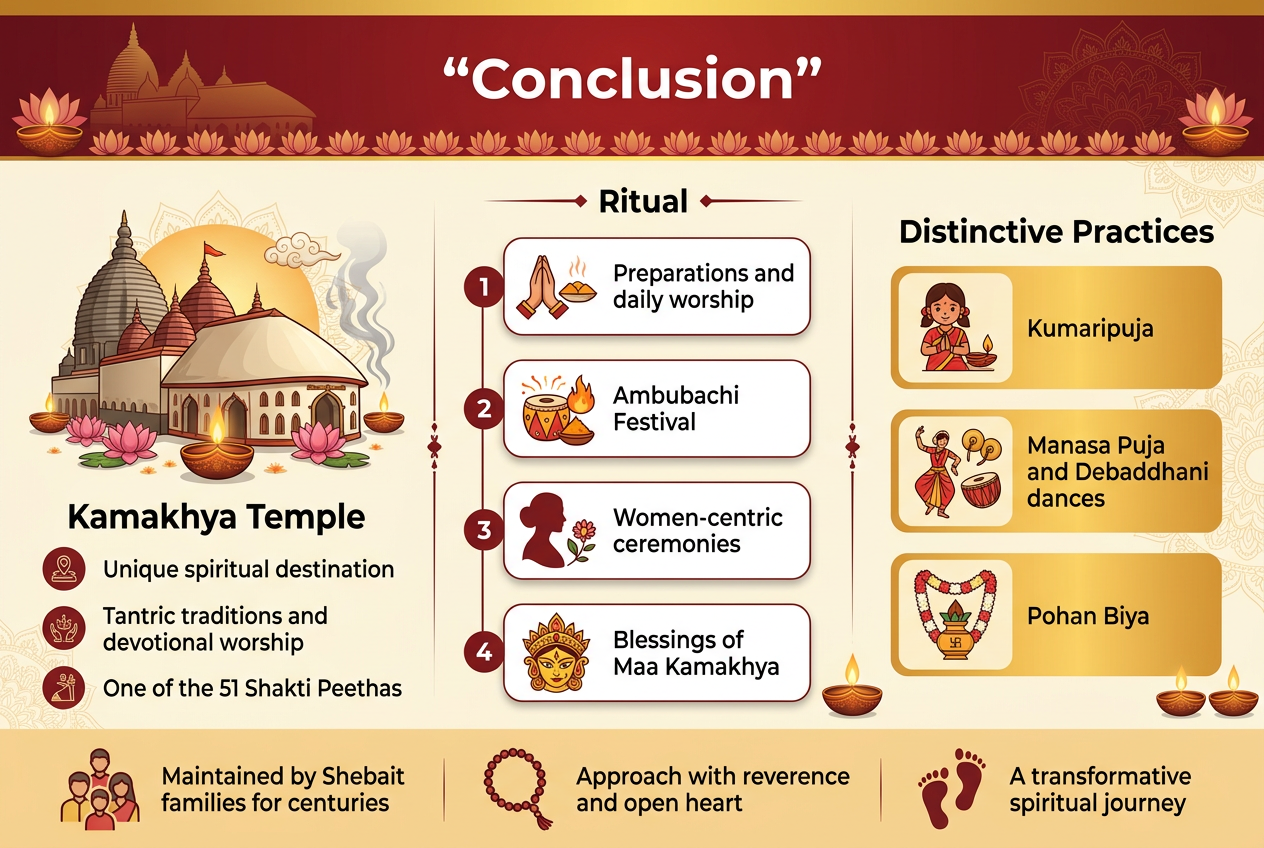 Create a full-bleed 3:2 infographic illustration with a clean professional editorial style, rich Assamese spiritual aesthetics, deep red, saffron, gold, cream, and temple stone gray palette, modern sans-serif fonts with bold heading and clear hierarchy. Top full-width header bar: large bold title text in quotes, “Conclusion”, centered in white on a deep red and gold gradient background with a subtle temple silhouette and lotus motifs. Main layout: a wide three-column infographic with balanced horizontal sections, not a vertical poster. LEFT COLUMN: A large illustrated Kamakhya Temple icon with glowing lamps, lotus flowers, and sacred smoke. Add a section title in bold: ““Kamakhya Temple”” Under it, 3 short bullet blocks with small icons: 1. ““Unique spiritual destination”” 2. ““Tantric traditions and devotional worship”” 3. ““One of the 51 Shakti Peethas”” CENTER COLUMN: A vertical flow of 4 numbered ritual cards with rounded rectangles and small sacred icons: 1. A folded hands and offering icon next to ““Preparations and daily worship”” 2. A festival drum and flame icon next to ““Ambubachi Festival”” 3. A woman’s silhouette and floral icon next to ““Women-centric ceremonies”” 4. A crown-like goddess icon next to ““Blessings of Maa Kamakhya”” RIGHT COLUMN: A “Distinctive Practices” section with 3 stacked highlighted cards, each with its own icon: 1. A young girl with a diya icon next to ““Kumaripuja”” 2. A dancing figure, drum, and cymbals icon next to ““Manasa Puja and Debaddhani dances”” 3. A symbolic garland and wedding kalash icon next to ““Pohan Biya”” BOTTOM WIDE STRIP: A heritage and pilgrimage message band with a family lineage icon, prayer beads, and a path/footsteps symbol. Include these short text blocks in separate labels: ““Maintained by Shebait families for centuries”” ““Approach with reverence and open heart”” ““A transformative spiritual journey”” Use decorative separators, lotus borders, oil lamps, and subtle mandala patterns. Make the composition spacious, polished, and easy to read with strong contrast and clear visual hierarchy.