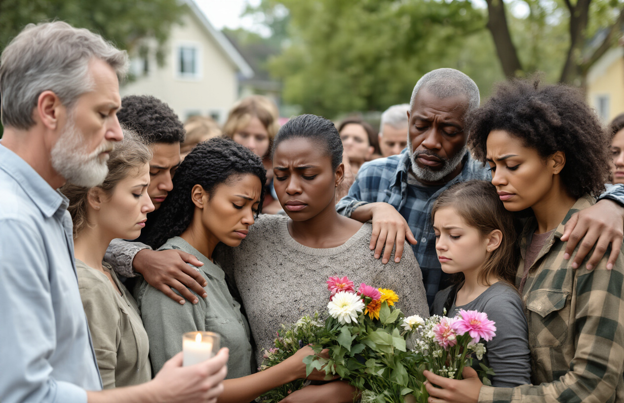 Create a realistic image of a diverse group of people including white and black males and females of various ages gathered together in a somber outdoor community setting, with some embracing each other in comfort, others holding flowers or candles, showing expressions of grief and support, set against a residential neighborhood background with houses and trees, under soft natural lighting that conveys a melancholic and supportive atmosphere, with the scene depicting the emotional aftermath and collective mourning of a tragic loss, absolutely NO text should be in the scene.
