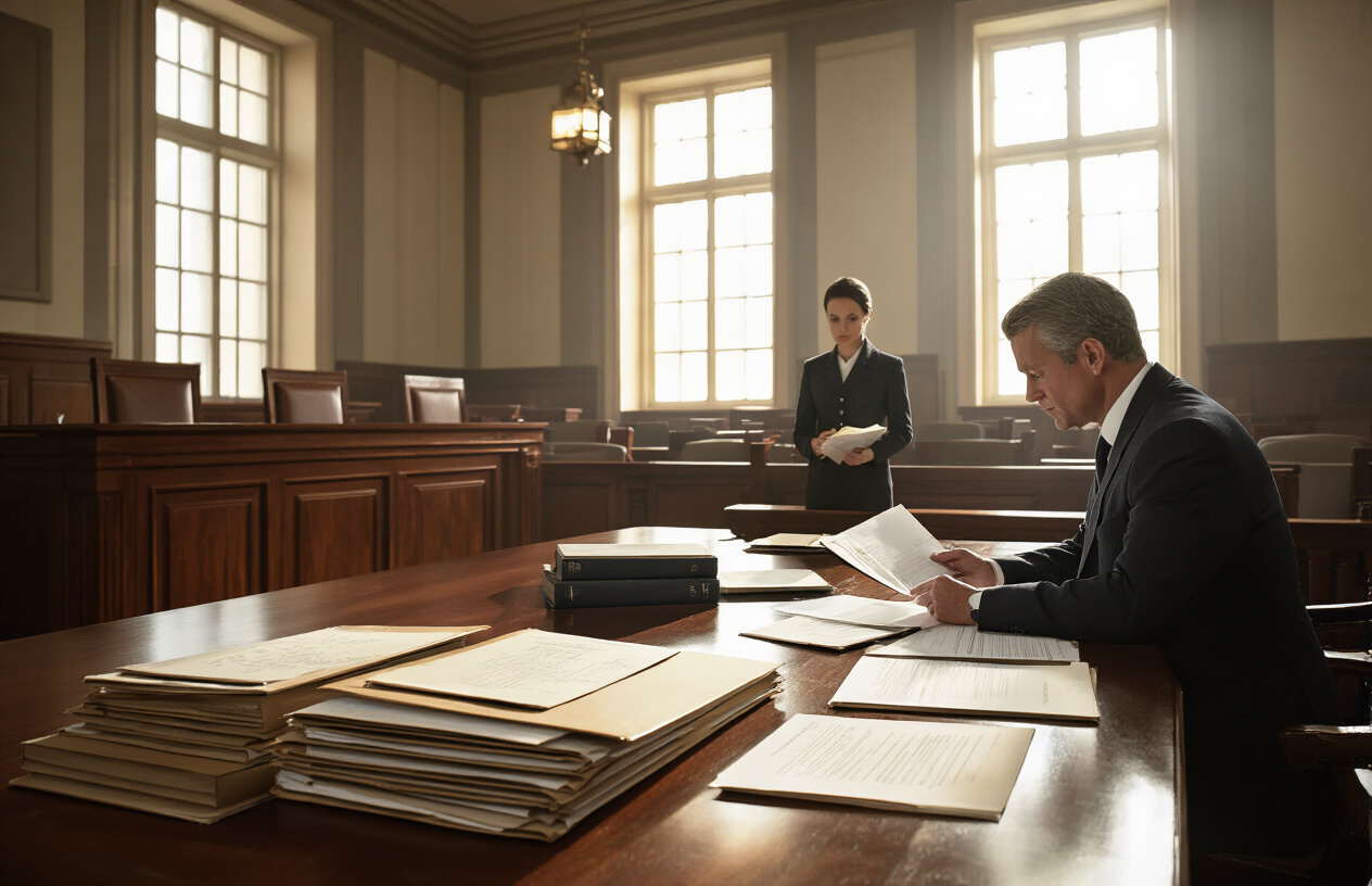 Create a realistic image of a courtroom interior with wooden judge's bench, witness stand, and gallery seating, featuring evidence folders and legal documents spread across a polished wooden table in the foreground, with a white male detective in a dark suit examining case files, complemented by a white female court clerk organizing papers, set against a backdrop of tall windows with natural daylight streaming in, creating a serious and professional atmosphere with warm lighting highlighting the formal legal proceedings environment, absolutely NO text should be in the scene.
