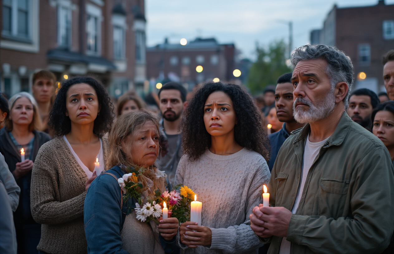 Create a realistic image of a diverse community gathering in a public space with people of different races and ages - white, black, and Hispanic men and women - standing together looking concerned and contemplative, with some holding candles or flowers, urban neighborhood buildings in the background, soft evening lighting creating a somber yet unified atmosphere, capturing the collective impact of violence on society. Absolutely NO text should be in the scene.