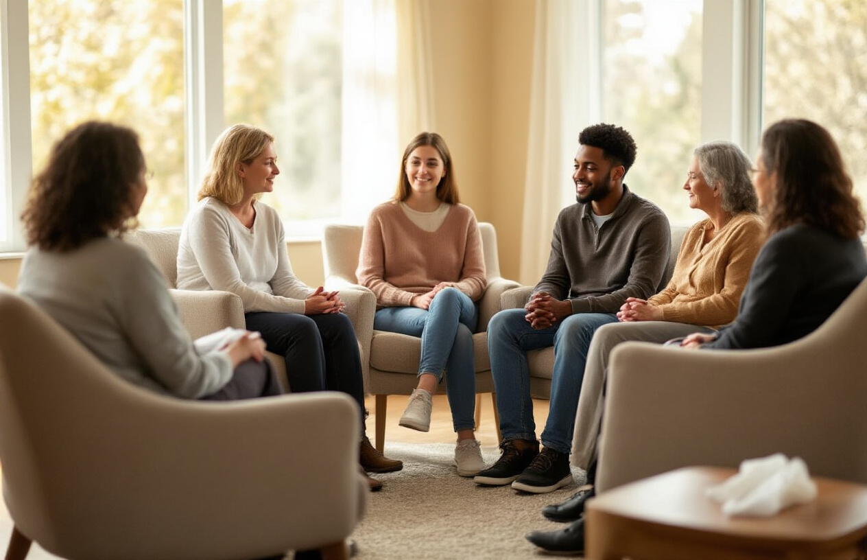 Create a realistic image of a diverse group of people sitting in a circle in a warm, softly-lit counseling room, including a white female therapist, a black male teenager, and other family members of various ethnicities, with comfortable chairs, tissues on a side table, and gentle natural lighting streaming through windows, conveying hope and healing in a supportive environment. Absolutely NO text should be in the scene.