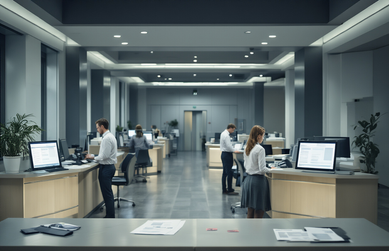 Create a realistic image of a modern bank office interior with empty customer service desks, darkened computer screens, and concerned white male and female customers waiting in the lobby area, with dim lighting suggesting technical difficulties, scattered papers on desks, and a general atmosphere of disruption and inconvenience, shot from a wide angle perspective to capture the impact of service interruption, absolutely NO text should be in the scene.
