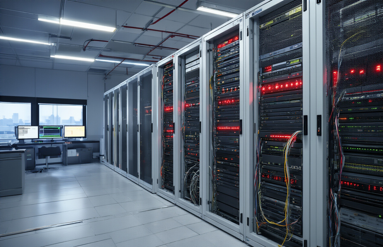 Create a realistic image of a modern bank server room with multiple server racks displaying red warning lights and error indicators, computer monitors showing system failure screens, network cables disconnected or damaged, a few servers with open panels revealing internal components, dimly lit environment with emergency lighting casting dramatic shadows, professional banking environment atmosphere suggesting technical difficulties and system downtime, clean corporate setting with ABN AMRO's typical modern banking infrastructure aesthetic, absolutely NO text should be in the scene.