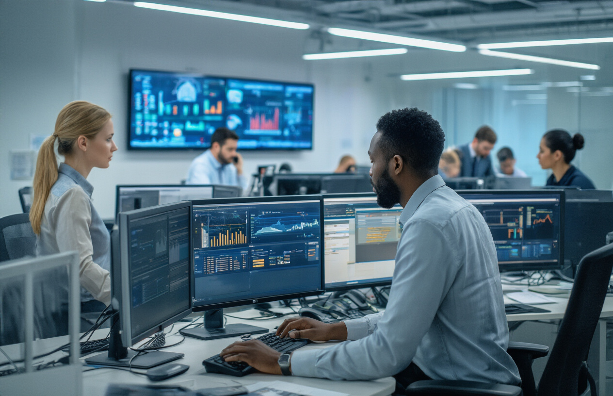 Create a realistic image of a modern banking office environment showing a diverse team of professionals including a white female manager and a black male IT specialist working together at computer workstations with multiple monitors displaying system status dashboards, surrounded by other bank employees coordinating crisis response activities, with emergency lighting creating a focused atmosphere, phones and communication devices visible on desks, and a large digital wall display showing network connectivity maps in the background, capturing the intensity and collaboration during a banking system disruption management scenario, absolutely NO text should be in the scene.