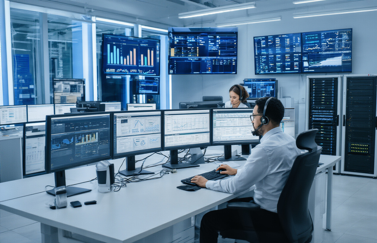 Create a realistic image of a modern bank operations center with multiple computer monitors displaying real-time data dashboards, network status indicators, and communication interfaces, featuring a white male technician monitoring systems at a control desk and a black female manager coordinating with team members via headset, surrounded by servers and networking equipment in a clean, well-lit professional environment with blue and white lighting that conveys efficiency and reliability, absolutely NO text should be in the scene.