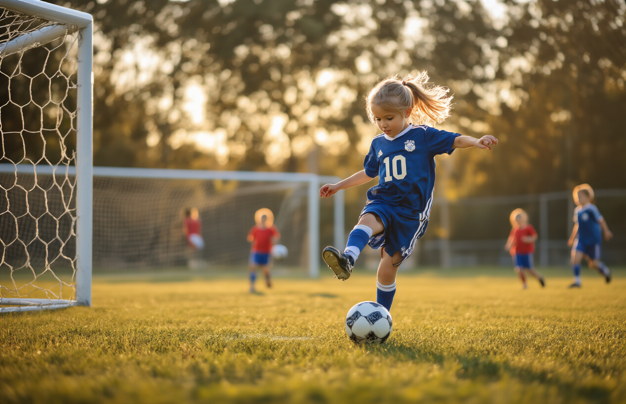 Create a realistic image of a young white female child around 8-10 years old in a youth football uniform kicking a soccer ball on a grass training field, with football goal posts visible in the background, other young children playing football in the distance, warm golden hour lighting creating a nostalgic childhood sports atmosphere, the scene capturing the essence of early football training and youth development. Absolutely NO text should be in the scene.